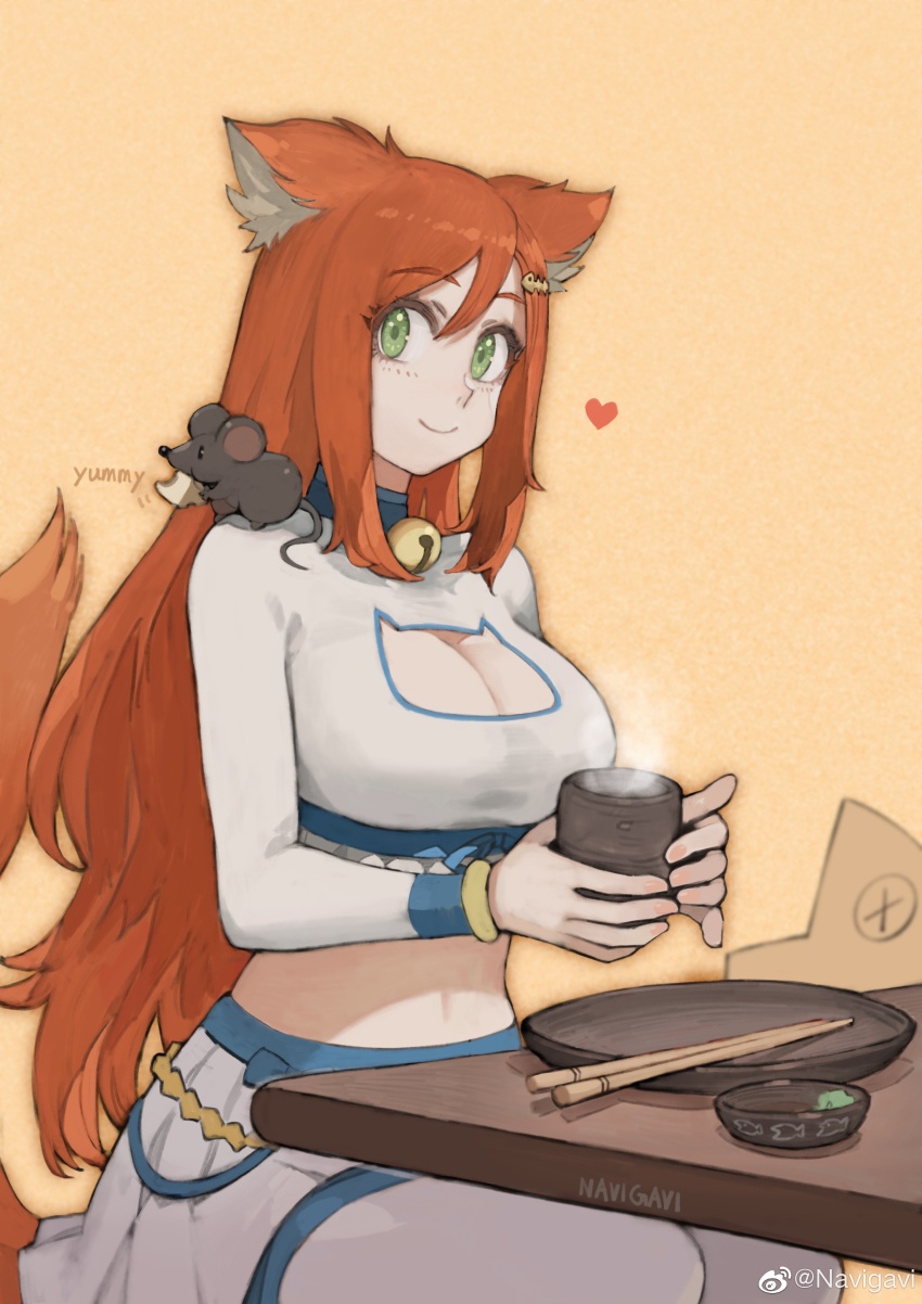 1girl, absurdres, animal, animal_ears, animal_on_shoulder, artist_name, breasts, brown_hair, cat_cutout, cheese, chopsticks, cleavage, cleavage_cutout, closed_mouth, clothing_cutout, cowboy_shot, crop_top, cup, food, green_eyes, hair_between_eyes, heart, highres, holding, holding_cup, jenna_lynn_meowri, jun_(navigavi), long_hair, long_sleeves, looking_at_viewer, midriff, mouse_(animal), mouse_on_shoulder, navel, open_mouth, orange_background, original, plate, pleated_skirt, sidelocks, simple_background, sitting, skirt, smile, solo, steam, table, tail, very_long_hair, watermark, weibo_watermark, white_skirt