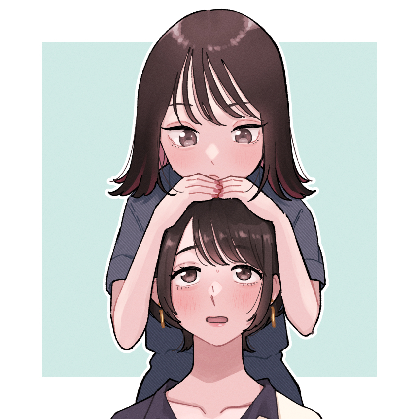 2girls, black_hair, earrings, hand_on_another's_head, head_rest, highres, inuzuka_miwa, jewelry, looking_at_another, medium_hair, mogggggge, multiple_girls, nail_polish, open_mouth, shishio_tamaki, short_hair, tsukiatte_agetemo_ii_kana, upper_body