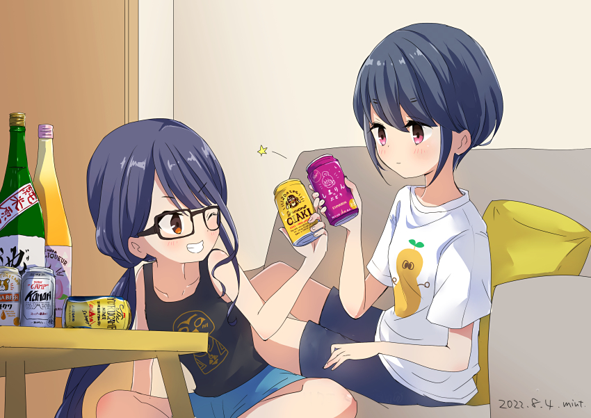 2girls, absurdres, alcohol, beer, beer_can, blue_hair, bottle, can