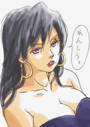 1girl, arc_the_lad, arc_the_lad_ii, bare_shoulders, black_hair, breasts, cleavage, earrings, female_focus, hoop_earrings, jewelry, large_breasts, lipstick, long_hair, lowres, makeup, mole, mole_under_mouth, nama-hamu, purple_eyes, shante_(arc_the_lad), solo, white_background