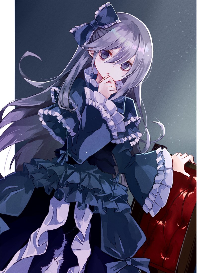 1girl, absurdres, black_bow, blank_stare, bow, capelet, chair, cowboy_shot, dress, dress_bow, duel_monster, frilled_bow, frilled_capelet, frilled_dress, frilled_sleeves, frills, ghost_belle_&amp;_haunted_mansion, gothic_lolita, highres, lolita_fashion, long_hair, long_sleeves, purple_eyes, purple_hair, solo, surphase, yu-gi-oh!