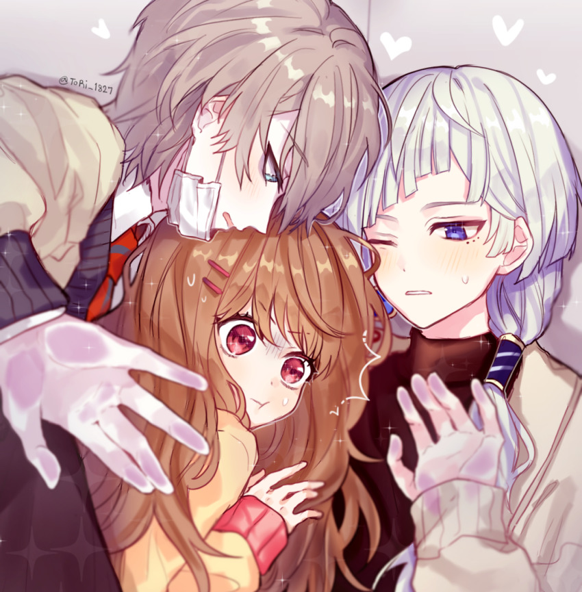 1girl, 2boys, afterl!fe, blue_eyes, blush, brown_hair, highres, hug