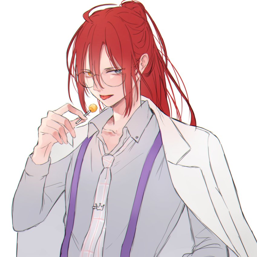 1boy, afterl!fe, blue_eyes, candy, collared_shirt, eating, ethan_(afterl!fe), food