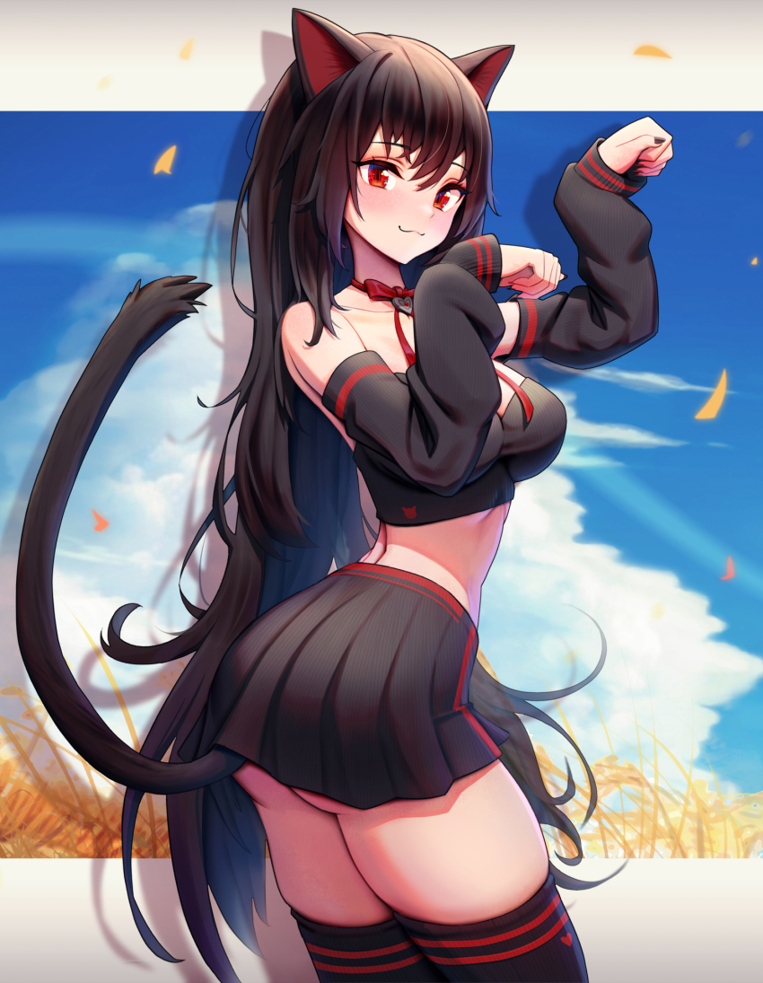1girl, :3, animal_ears, arched_back, ass, bare_shoulders, black_hair, black_shirt, black_skirt, black_thighhighs, breasts, cat_ears, cat_girl, cat_tail, choker, clickdraws, closed_mouth, commission, cowboy_shot, crop_top, detached_sleeves, from_side, hands_up, highres, indie_virtual_youtuber, lanfear, large_breasts, long_hair, long_sleeves, looking_at_viewer, midriff, miniskirt, paw_pose, pleated_skirt, red_choker, red_eyes, revealing_clothes, ribbon_choker, shirt, skirt, smile, solo, stomach, tail, tail_raised, thighhighs, thighs, very_long_hair, virtual_youtuber, vrchat, zettai_ryouiki