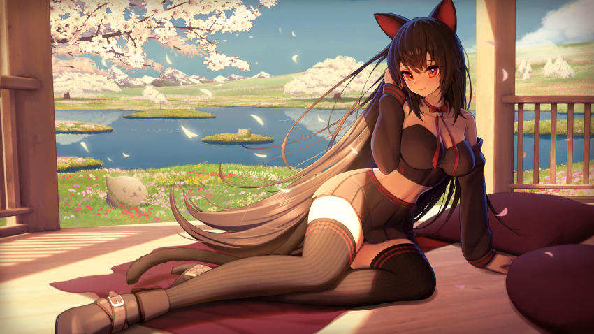 1girl, absurdres, animal_ears, bare_shoulders, black_footwear, black_hair, black_shirt, black_skirt, black_thighhighs, breasts, cat_ears, cat_girl, cat_tail, choker, cleavage, clickdraws, closed_mouth, collarbone, commission, crop_top, day, detached_sleeves, hand_up, high_heels, highres, indie_virtual_youtuber, lanfear, large_breasts, long_hair, long_sleeves, looking_at_viewer, md5_mismatch, midriff, miniskirt, navel, pleated_skirt, red_choker, red_eyes, resolution_mismatch, revealing_clothes, ribbed_legwear, ribbon_choker, shirt, skirt, smile, solo, source_smaller, strapless, strapless_shirt, tail, thighhighs, thighs, very_long_hair, virtual_youtuber, vrchat, zettai_ryouiki