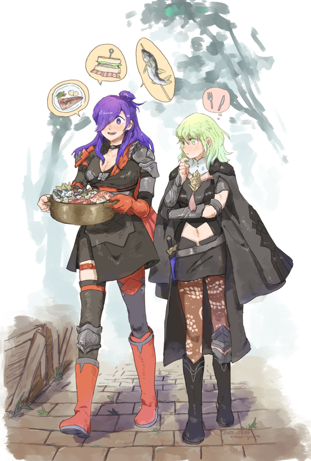 2girls, boots, breasts, cleavage, cooking_pot, emer_game, female_byleth_(fire_emblem), female_shez_(fire_emblem), fire_emblem, fire_emblem:_three_houses, fire_emblem_warriors:_three_hopes, fish, fish_(food), food, fork, green_hair, hair_over_one_eye, highres, holding, holding_cooking_pot, knife, looking_at_another, meat, midriff, multiple_girls, navel, nintendo, orange_boots, plate, purple_hair, sandwich, smile, speech_bubble, thought_bubble, walking