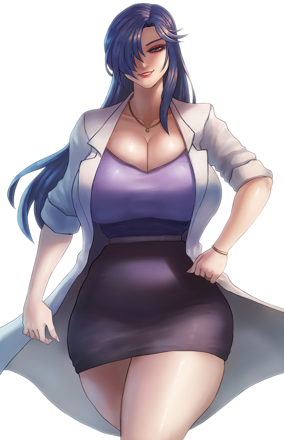 1girl, blue_eyes, blue_hair, bracelet, breasts, cleavage, collarbone, hair_over_one_eye, hand_on_own_hip, highres, himoo_yuina, huge_breasts, jewelry, lab_coat, lipstick, long_hair, looking_at_viewer, makeup, necklace, okai, aged_up, pencil_skirt, simple_background, skirt, solo, standing, tokimeki_memorial, tokimeki_memorial_1, white_background