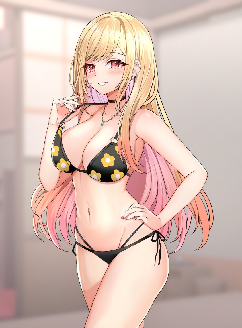 1girl, absurdres, armpits, bare_arms, bare_shoulders, bikini, black_bikini, black_choker