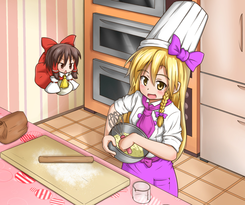 1boy, 1girl, blush, bow, braid, brown_eyes, brown_hair, chef