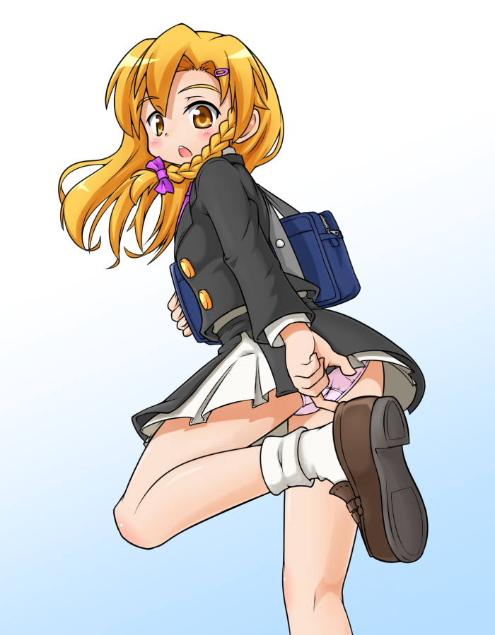 1boy, adjusting_footwear, ass, bag, black_jacket, blonde_hair, bow, braid, brown_shoes, commentary_request, cookie_(touhou), crossdressing, crossdressing_(mtf), foot_out_of_frame, from_below, genderswap, genderswap_(ftm), hair_ornament, hairclip, jacket, kirisame_marisa, knb_(nicoseiga53198051), loafers, long_hair, looking_at_viewer, male_focus, miniskirt, open_mouth, panties, pantyshot, pink_panties, purple_bow, rei_(cookie), school_bag, shoes, short_hair, single_braid, skirt, socks, solo, touhou, trap, underwear, white_socks, yellow_eyes