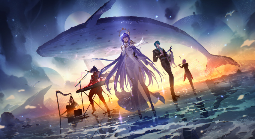 2girls, 3boys, absurdres, aqua_hair, athena_(saint_seiya), black_hair, blue_eyes, character_request, closed_eyes, detached_sleeves, dress, dutch_angle, elbow_gloves, flute, gloves, hair_ornament, halo, harp, highres, holding, holding_microphone, instrument, keyboard_(instrument), long_hair, lyra_orphee, microphone, multiple_boys, multiple_girls, pandora_(saint_seiya), ponytail, purple_hair, reflection, rekaerb_maerd, saint_seiya, sasha_(saint_seiya:_the_lost_canvas), scorpio_milo, side_slit, siren_sorrento, sitting, standing, thighhighs, whale, white_gloves