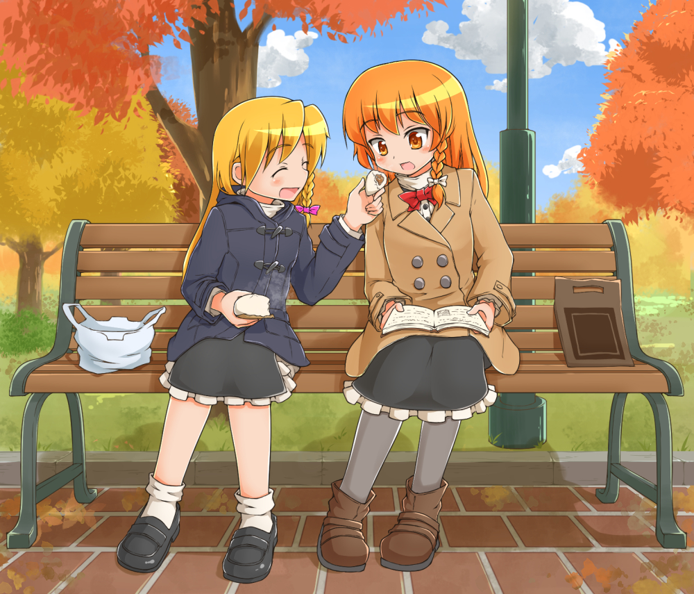 2girls, autumn_leaves, azusa_(cookie), bag, steamed_bun, bench, black_footwear, black_jacket