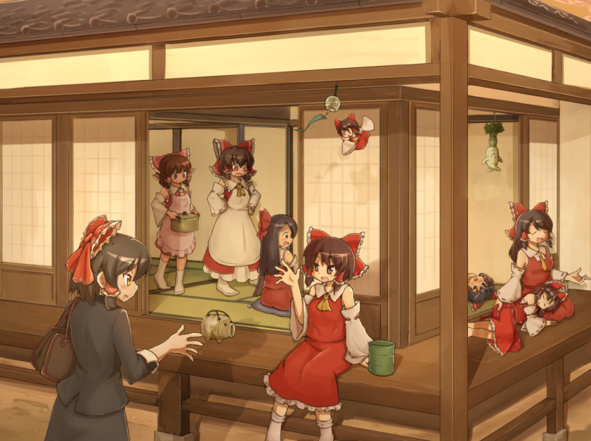 6+girls, apron, ascot, bag, benikurage_(cookie), black_eyes, black_hair, black_jacket