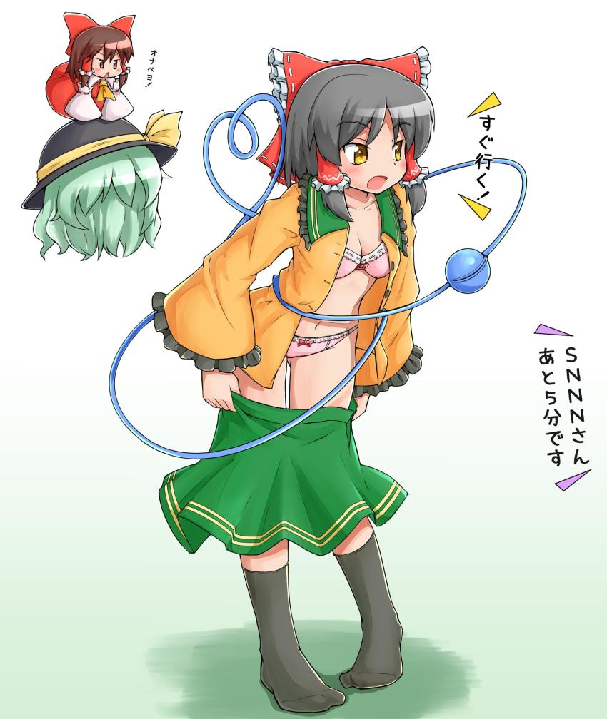 2girls, ascot, black_headwear, blush, bow, bra, breasts, brown_eyes