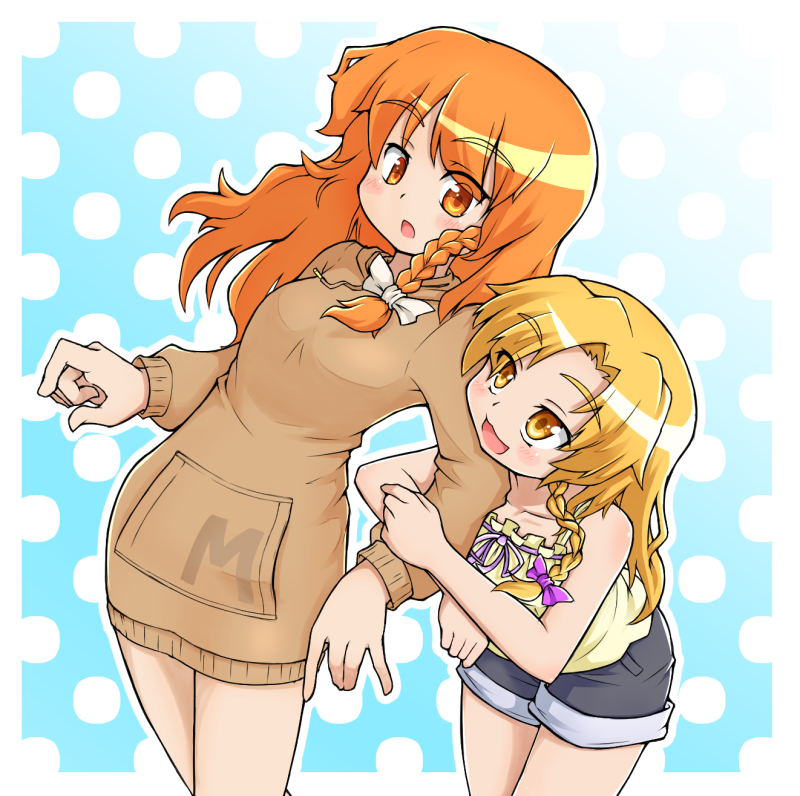 1boy, 1girl, \||/, alternate_costume, arm_hug, azusa_(cookie), black_shorts, blonde_hair