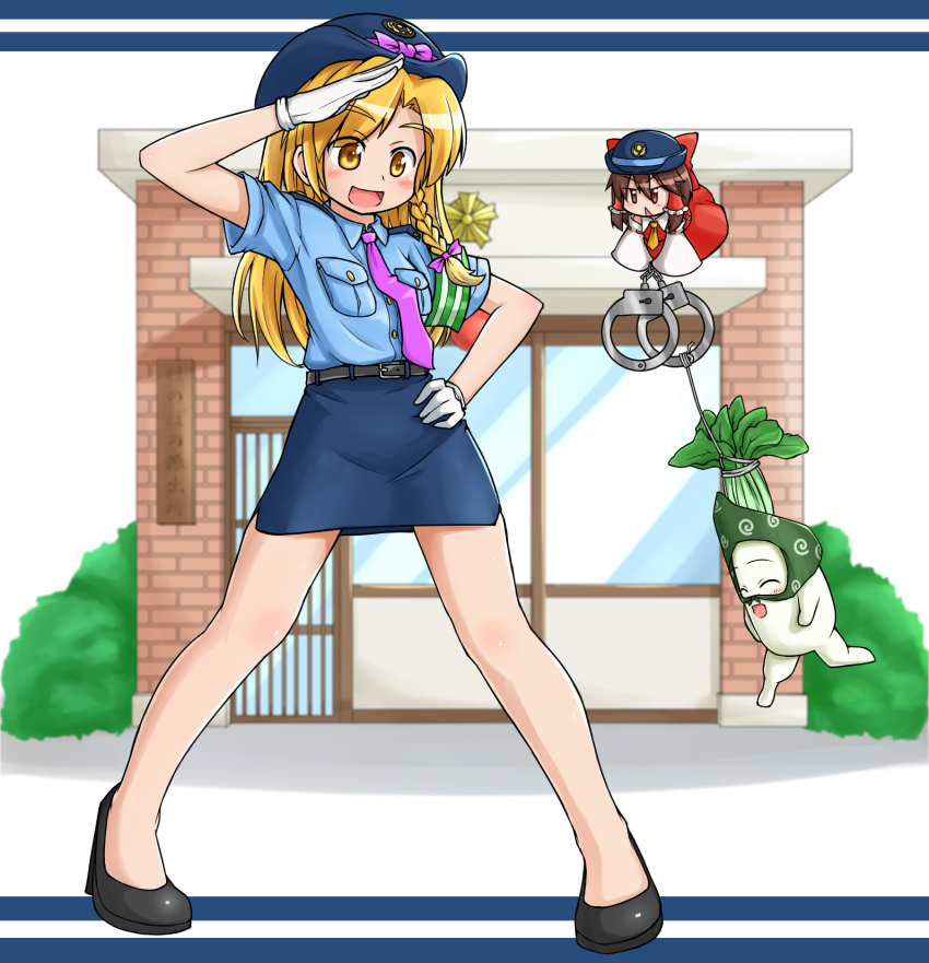 1boy, 1girl, alternate_costume, belt, black_belt, black_footwear, blonde_hair, blue_shirt, blue_skirt, blush, bow, braid, brown_eyes, brown_hair, commentary_request, cookie_(touhou), crossdressing, cuffs, daikon, detached_sleeves, dress, frilled_hair_tubes, frills, full_body, genderswap, genderswap_(ftm), gloves, hair_bow, hair_tubes, hakurei_reimu, handcuffs, hat, high_heels, kirisame_marisa, knb_(nicoseiga53198051), long_hair, mini_person, minigirl, miniskirt, open_mouth, pencil_skirt, police, police_hat, police_uniform, policewoman, purple_bow, radish, red_bow, red_dress, rei_(cookie), reu_daikon, sakenomi_(cookie), salute, shirt, shirt_tucked_in, short_hair, short_sleeves, sidelocks, single_braid, skirt, sleeveless, sleeveless_dress, sleeves_past_fingers, sleeves_past_wrists, smile, touhou, trap, white_gloves, white_sleeves, wide_sleeves, yellow_eyes