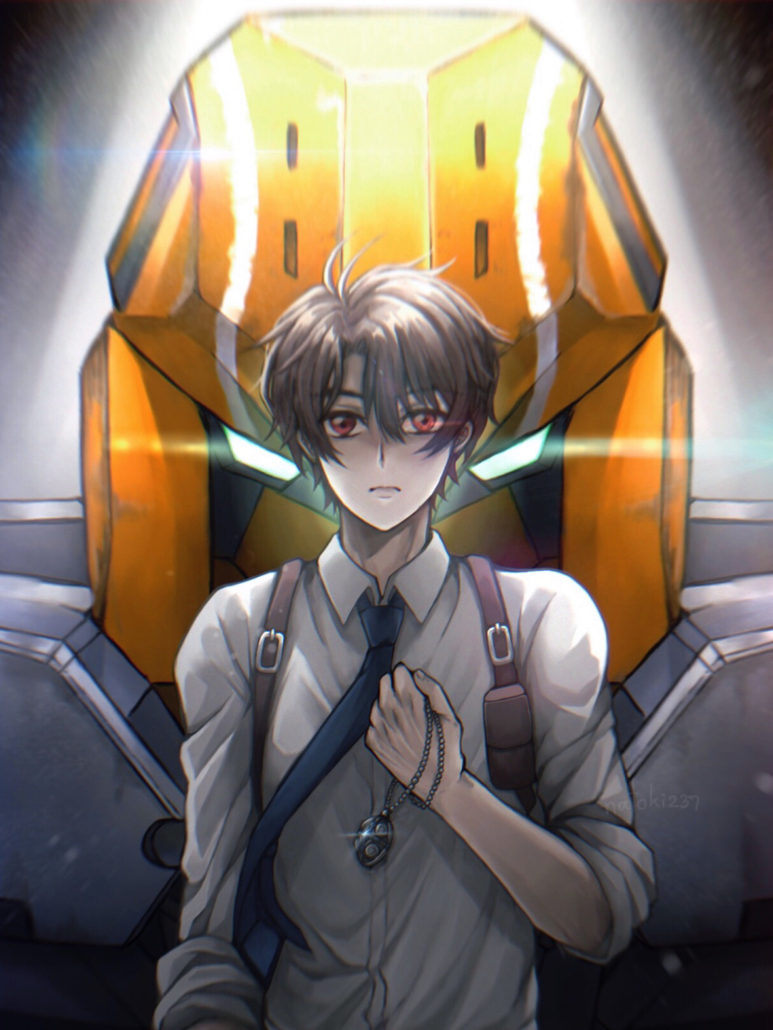 1boy, aldnoah.zero, blue_necktie, brown_hair, collared_shirt, frown, glowing, glowing_eyes
