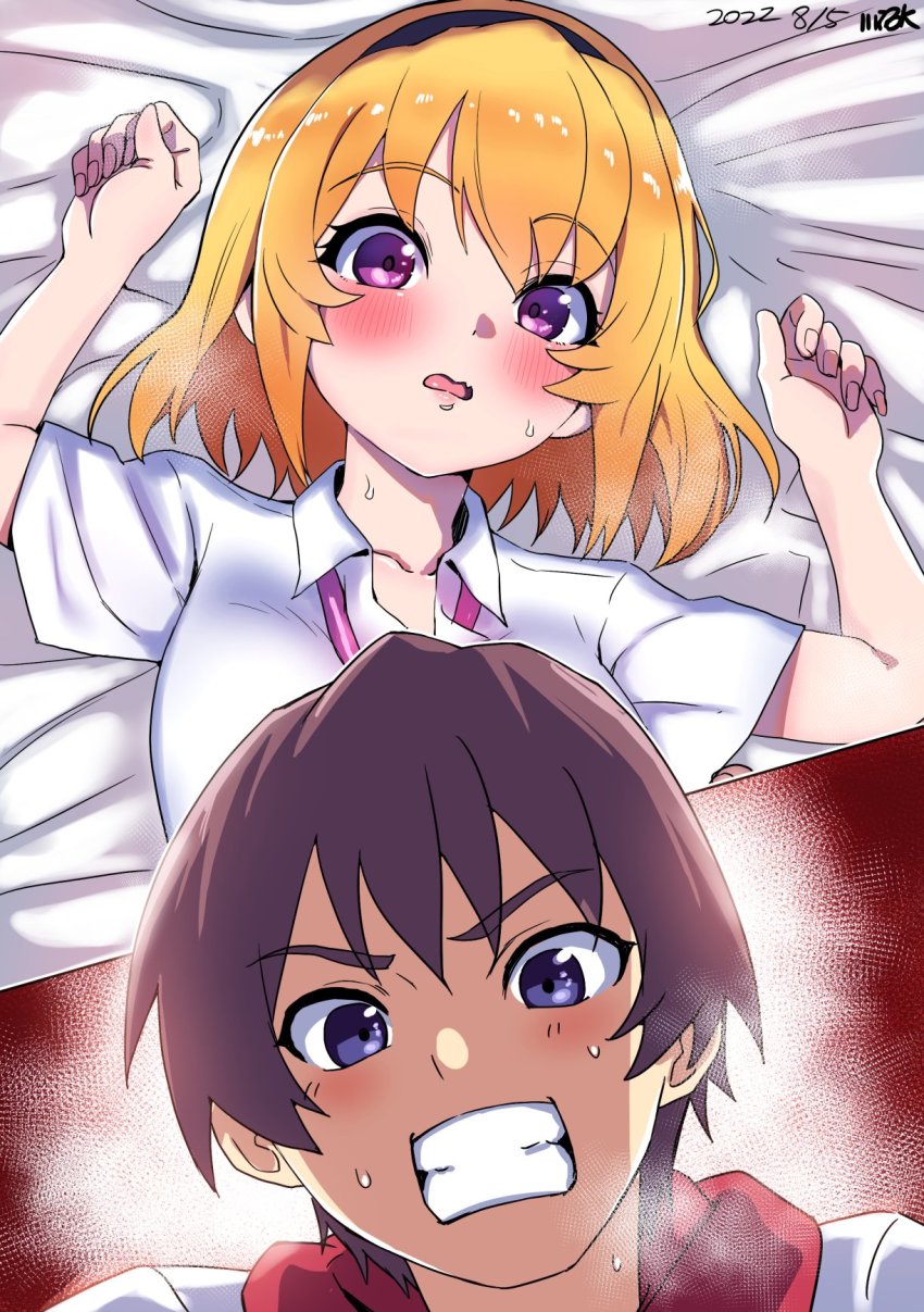 1boy, 1girl, black_hairband, blonde_hair, blue_eyes, blush, breasts, brown_hair