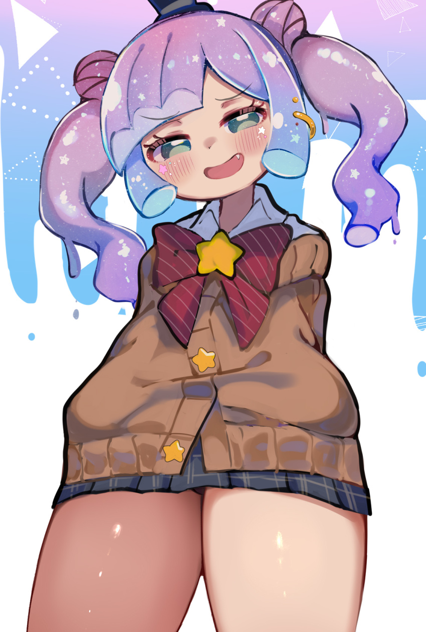 1girl, blunt_bangs, bow, bowtie, cardigan, double_bun, earrings, eyelashes, fang, gradient_hair, green_hair, gyaru, gyaru_kawaii_puniru, hair_bun, hat, highres, jewelry, kogal, mini_hat, mini_top_hat, monster_girl, multicolored_hair, plaid_clothes, plaid_skirt, pleated_skirt, puniru_(puniru_wa_kawaii_slime), puniru_wa_kawaii_slime, purple_hair, sidelocks, skirt, slime_girl, thick_thighs, thighs, top_hat, twintails, white_background, yaibaken