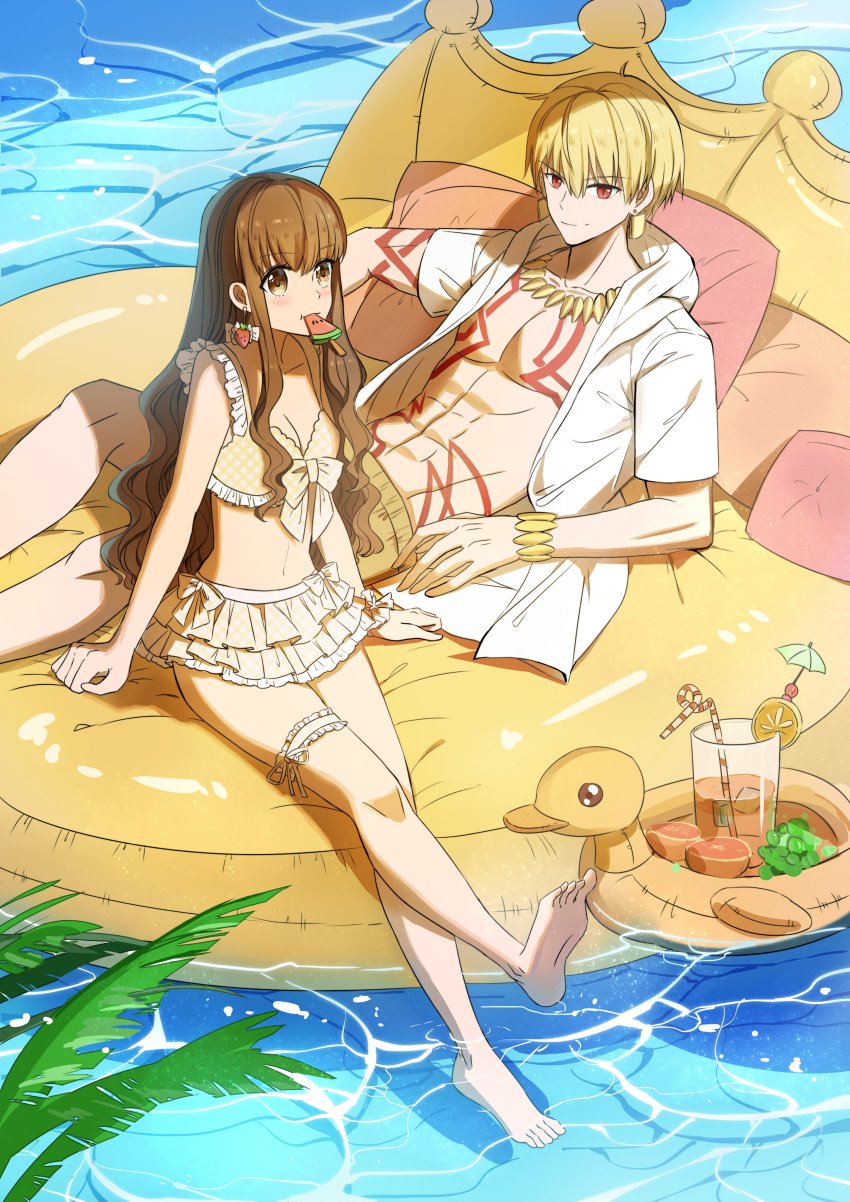 1boy, 1girl, absurdres, afloat, bikini, blonde_hair, brown_eyes, brown_hair