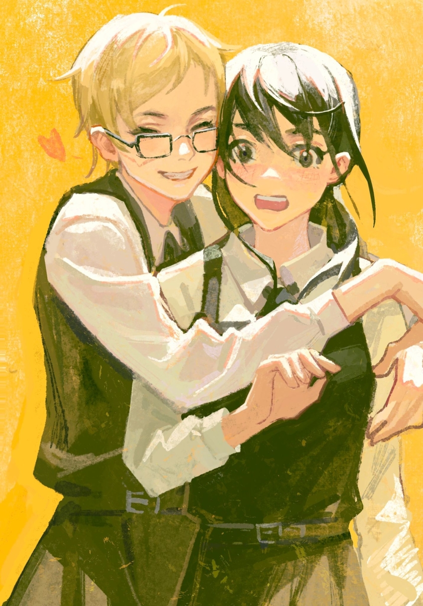 2girls, ^_^, arms_around_neck, belt, belt_buckle, black-framed_eyewear, black_dress, black_eyes, black_hair, blonde_hair, blush, buckle, chainsaw_man, chinese_commentary, closed_eyes, collared_shirt, commentary_request, cowboy_shot, dress, embarrassed, glasses, grin, hand_up, heart, highres, hug, junjungua, long_sleeves, looking_at_viewer, medium_hair, mitaka_asa, multiple_girls, neck_ribbon, open_mouth, pinafore_dress, ribbon, school_uniform, shirt, short_hair, sleeveless_dress, smile, standing, white_shirt, yellow_background, yuko_(chainsaw_man)