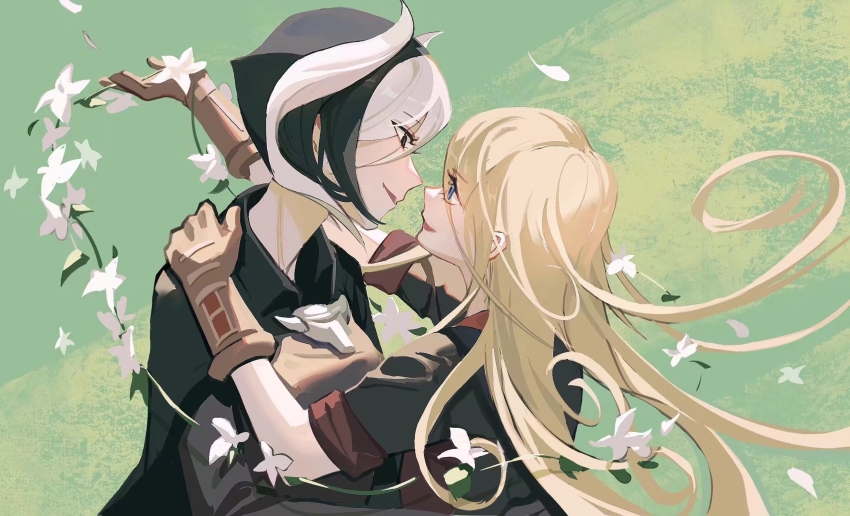 2girls, black_cloak, black_eyes, black_gloves, black_hair, black_shirt, blonde_hair, blue_eyes, brown_gloves, chinese_commentary, cloak, collared_cloak, commentary_request, eye_contact, eyes_visible_through_hair, falling_petals, floating_hair, flower, flower_wreath, from_side, gloves, green_background, hair_between_eyes, hand_on_another's_back, hand_on_another's_shoulder, highres, holding, holding_wreath, junjungua, long_hair, long_sleeves, looking_at_another, lyza_(made_in_abyss), made_in_abyss, multicolored_hair, multiple_girls, open_mouth, outstretched_arm, ozen, petals, profile, shirt, short_hair, smile, streaked_hair, two-tone_hair, upper_body, whistle, whistle_around_neck, white_flower, white_hair, yuri