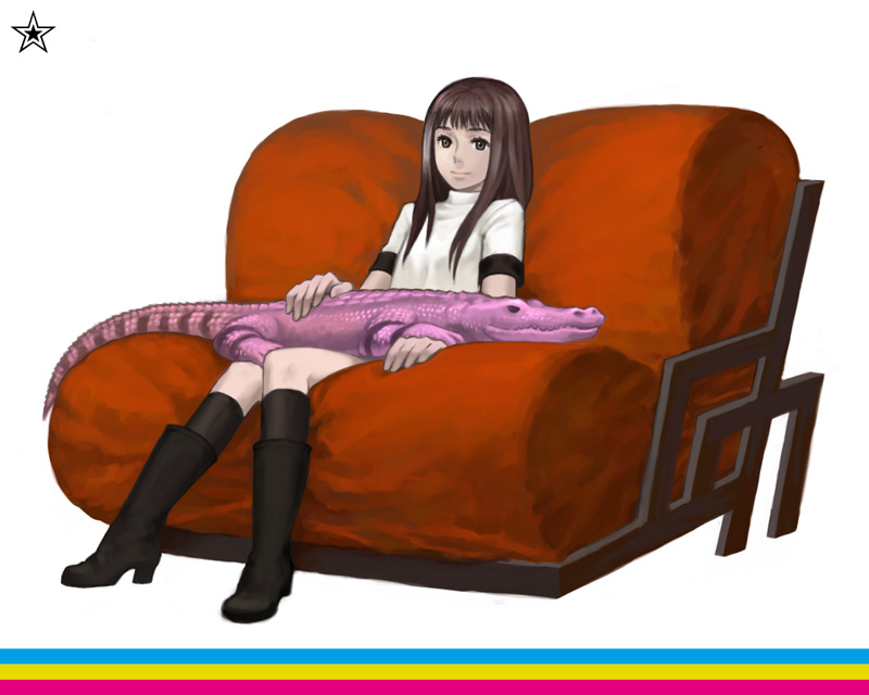 1girl, animal, black_boots, black_eyes, black_socks, boot_socks, boots, brown_eyes, brown_hair, christina_(fsr), couch, crocodile, crocodilian, female_focus, grasshopper_manufacture, hana_to_taiyou_to_ame_to, knee_boots, kusabi_toriko, long_hair, nichiq, red_upholstery, shirt, shoes, sitting, socks, solo, star_(symbol), t-shirt, toriko_(fsr), white_shirt
