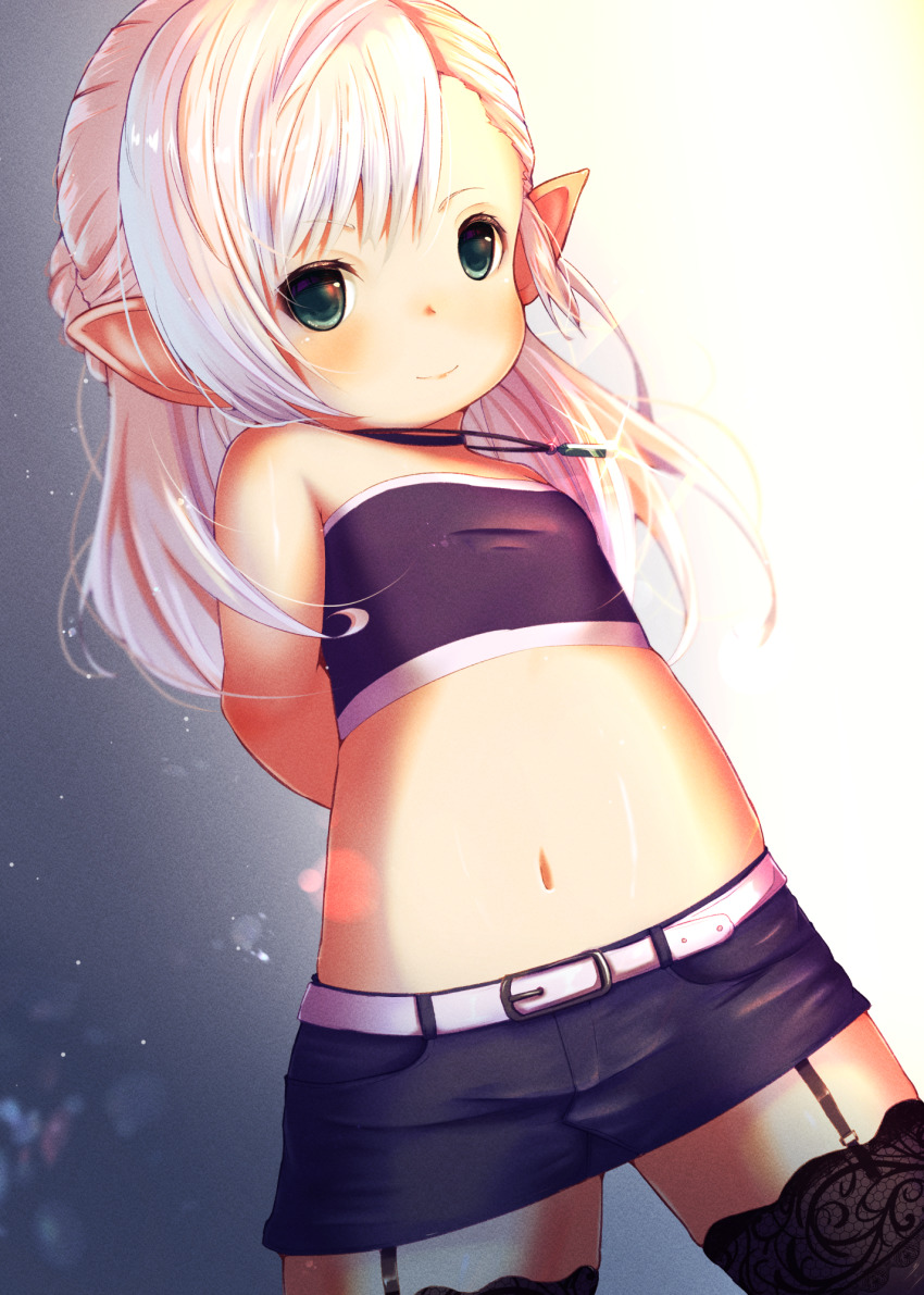 1girl, arms_behind_back, belt, belt_buckle, black_skirt, black_thighhighs, buckle, closed_mouth, commentary_request, commission, crop_top, demimushi, final_fantasy, final_fantasy_xiv, garter_straps, green_eyes, highres, lalafell, long_hair, looking_at_viewer, navel, pointy_ears, skeb_commission, skirt, smile, solo, strapless, thighhighs, tube_top, warrior_of_light_(ff14), white_belt, white_hair
