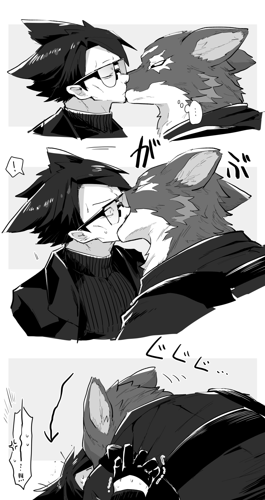 !, !!, 2boys, anger_vein, animal_ears, arknights, bishounen, biting, brothers, capone_(arknights), closed_eyes, formal_clothes, furry, furry_male, gambino_(arknights), glasses, greyscale, highres, iwashi_80, kiss, male_focus, monochrome, multiple_boys, siblings, simple_background, suit, sweater, upper_body, white_background, wolf_boy, wolf_ears, yaoi