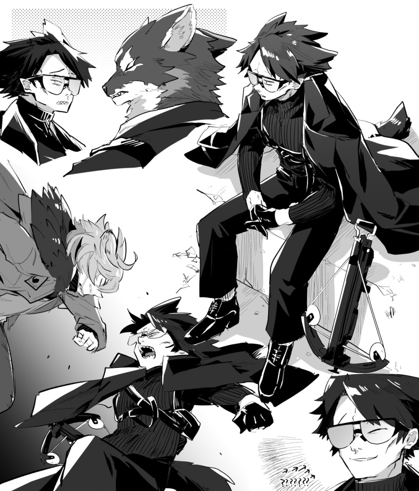 3boys, animal_ears, arknights, bear_boy, bear_ears, bishounen, bow_(weapon), brothers