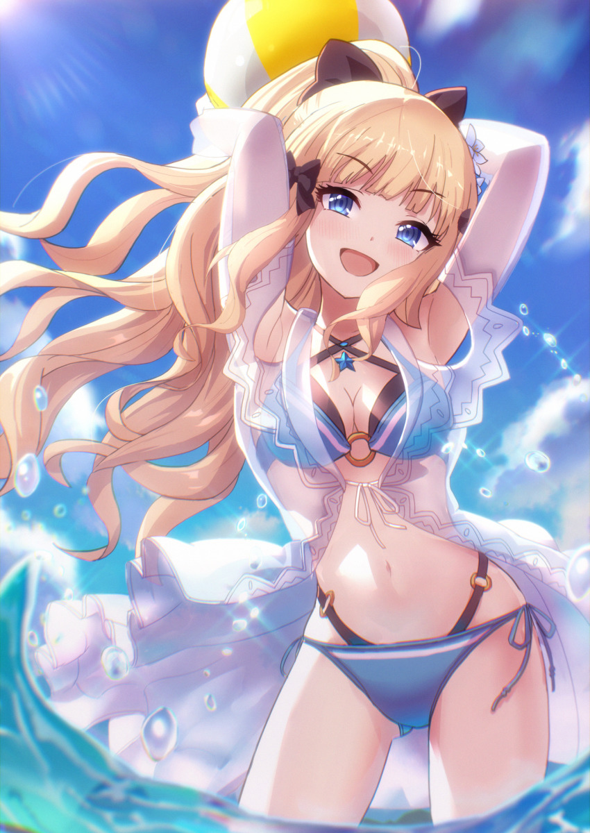 1girl, bikini, blonde_hair, blue_bikini, blue_eyes, blue_sky, breasts, elf