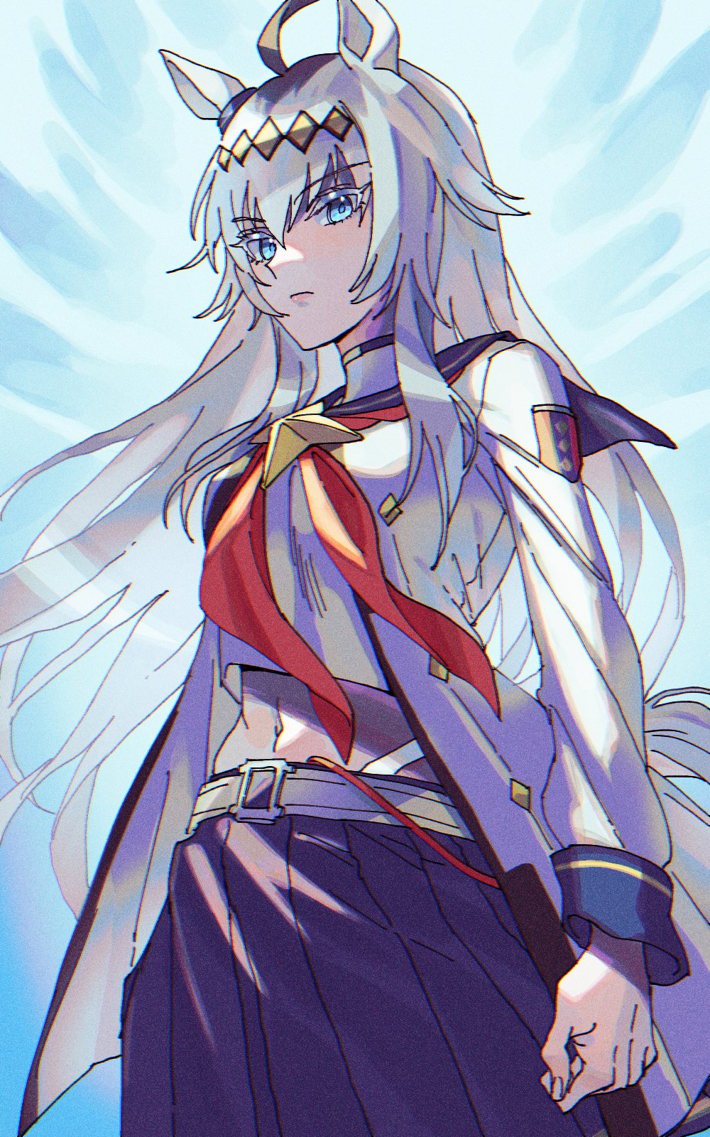 1girl, ahoge, animal_ears, arms_at_sides, blue_eyes, blue_skirt, breasts, closed_mouth