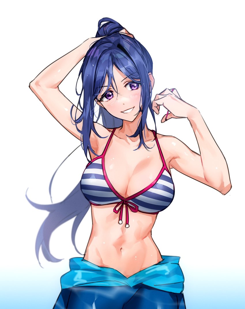 1girl, arm_up, bare_shoulders, bikini, blue_hair, blush, bodysuit, breasts, cleavage, clothes_down, collarbone, diving_suit, groin, hair_tie, halterneck, hand_up, highres, huge_0330, large_breasts, long_hair, looking_at_viewer, love_live!, love_live!_sunshine!!, matsuura_kanan, navel, ponytail, purple_eyes, smile, solo, striped_bikini, striped_clothes, swimsuit, teeth, toned, tying_hair, upper_body, wetsuit