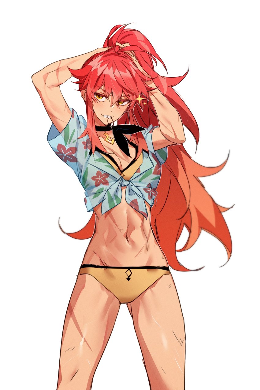 1girl, absurdres, arms_up, bad_id, bad_twitter_id, bikini, bikini_under_clothes, breasts