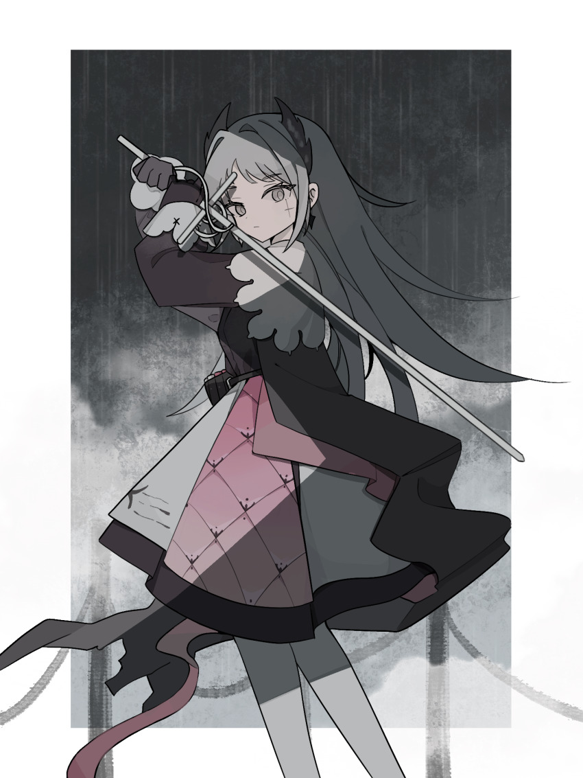 1girl, ammunition_belt, arknights, bevelled_mirror, black_dress, black_gloves, black_shoes, border, dress, earrings, gloves, grey_background, grey_eyes, grey_hair, hair_intakes, head_wings, highres, holding, holding_sword, holding_weapon, irene_(arknights), jewelry, long_hair, long_sleeves, looking_at_viewer, multicolored_dress, outdoors, outside_border, pantyhose, pink_dress, pink_ribbon, rain, rapier, ribbon, scar, scar_on_face, shoes, solo, sword, weapon, white_border, white_dress, white_pantyhose, wings
