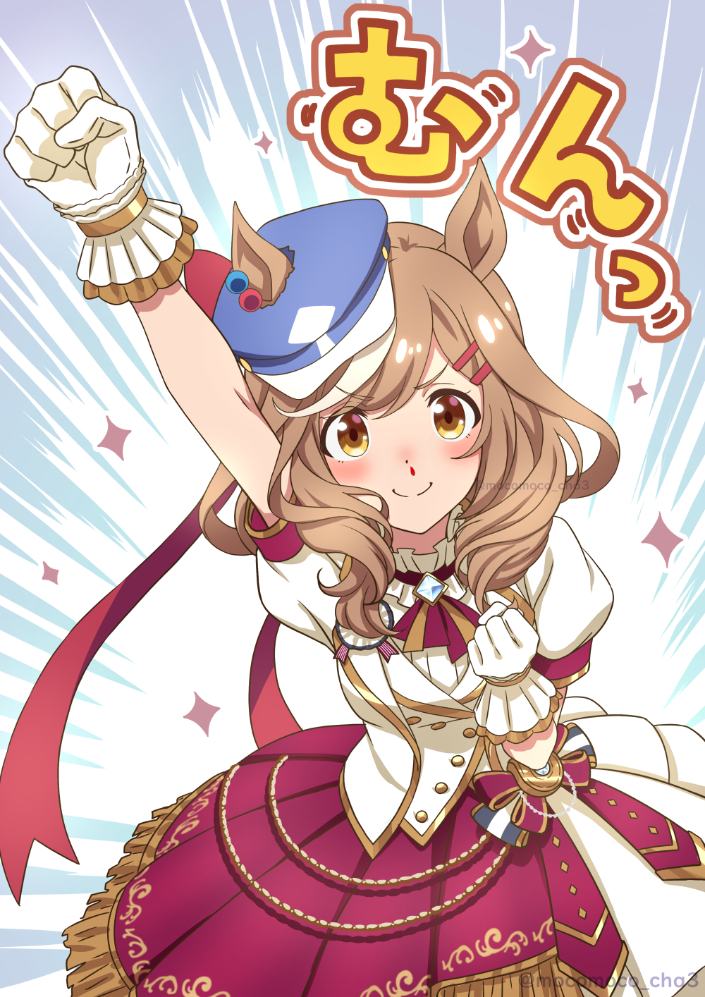 1girl, alternate_costume, blood, blush, breasts, brown_hair, newsboy_cap, clenched_hands