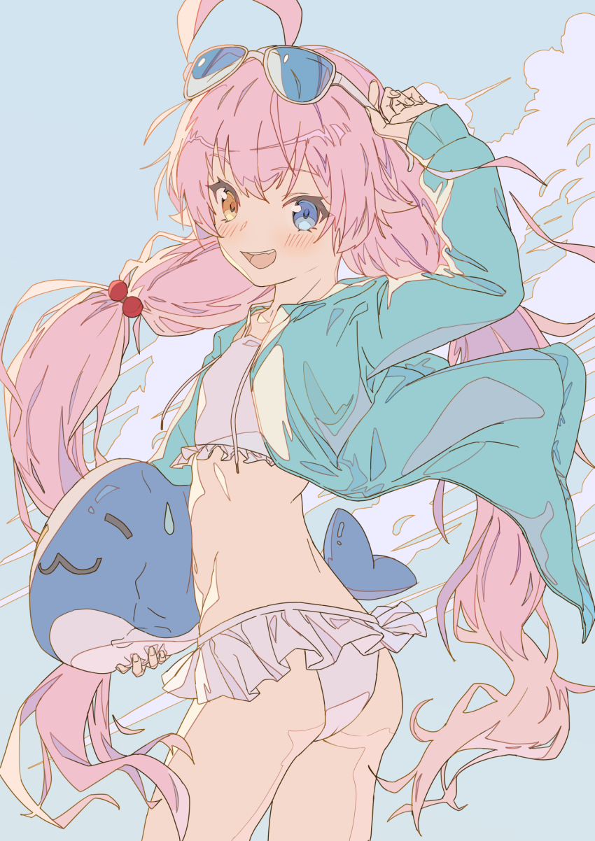 1girl, adjusting_eyewear, ahoge, bikini, bikini_skirt, blue_archive, blue_eyes, blue_jacket