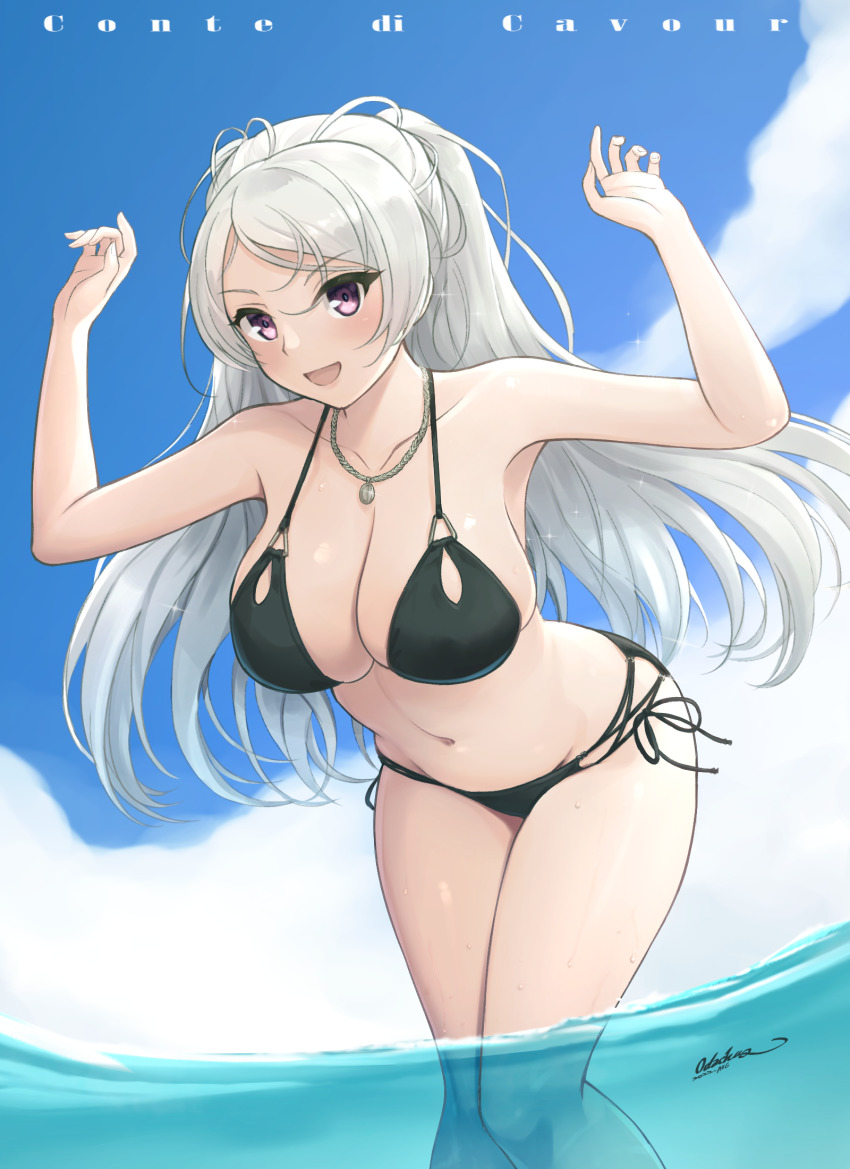 1girl, bikini, breasts, character_name, cleavage, collarbone, conte_di_cavour_(kancolle), conte_di_cavour_(swimsuit)_(kancolle)