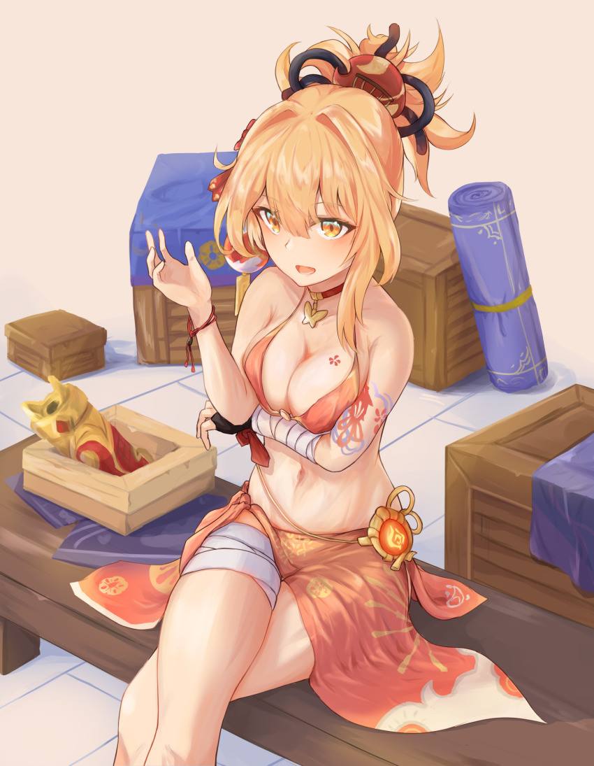 1girl, adapted_costume, arm_tattoo, bandaged_arm, bandaged_leg, bandages, bikini, black_gloves, blonde_hair, breast_hold, breasts, butterfly_choker, carpet, chest_sarashi, chest_tattoo, choker, cleavage, clov3r, collarbone, commentary, cowboy_shot, crate, crossed_legs, english_commentary, fingerless_gloves, fish_hair_ornament, flower_tattoo, from_above, genshin_impact, gloves, hadanugi_dousa, hair_between_eyes, hair_ornament, highres, japanese_clothes, kimono, looking_at_viewer, medium_breasts, medium_hair, navel, on_bench, open_clothes, open_kimono, open_mouth, orange_bikini, orange_eyes, ponytail, red_choker, rolled_up, sarashi, sarong, single_fingerless_glove, sitting, solo, swimsuit, tattoo, tile_floor, tiles, vision_(genshin_impact), yellow_eyes, yoimiya_(genshin_impact)
