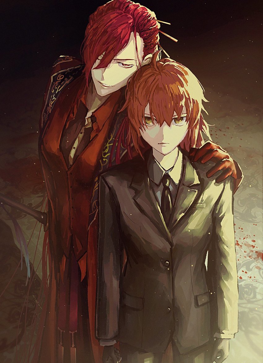 2girls, ;), ahoge, arms_at_sides, black_gloves, black_jacket, black_necktie, black_pants