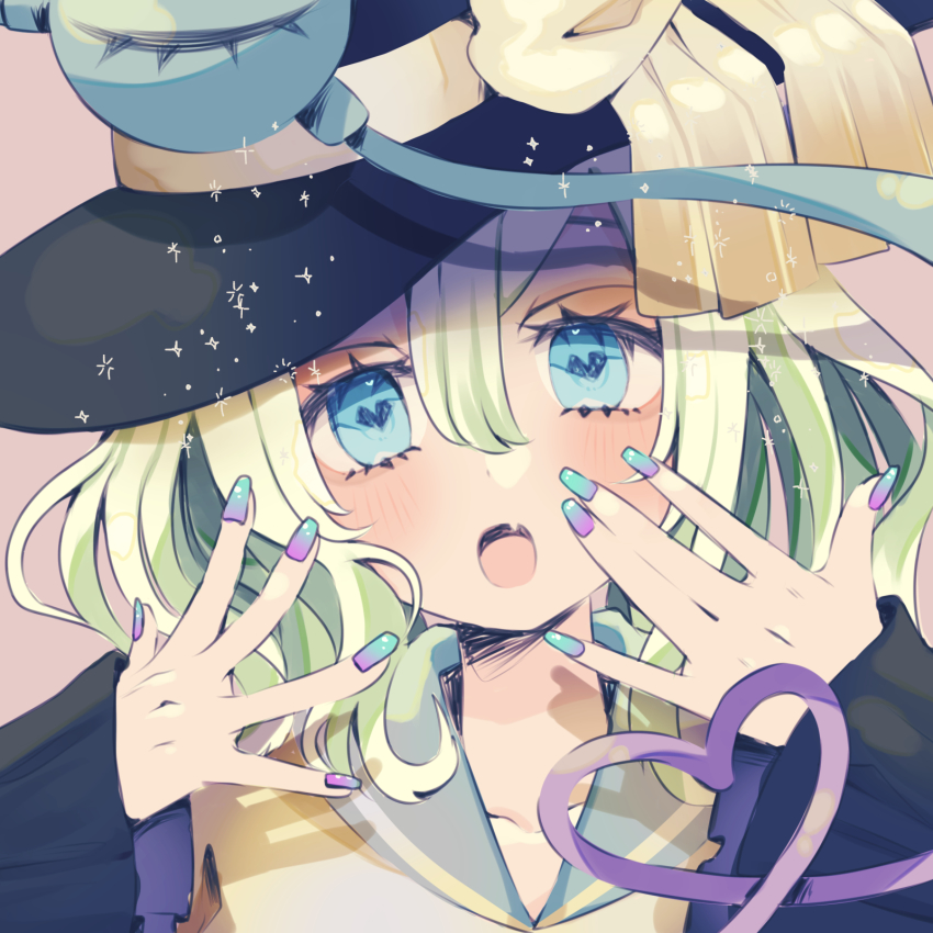 1girl, black_hat, blue_eyes, blush, culotte_(hosenrock), eyeball, fang, fingernails