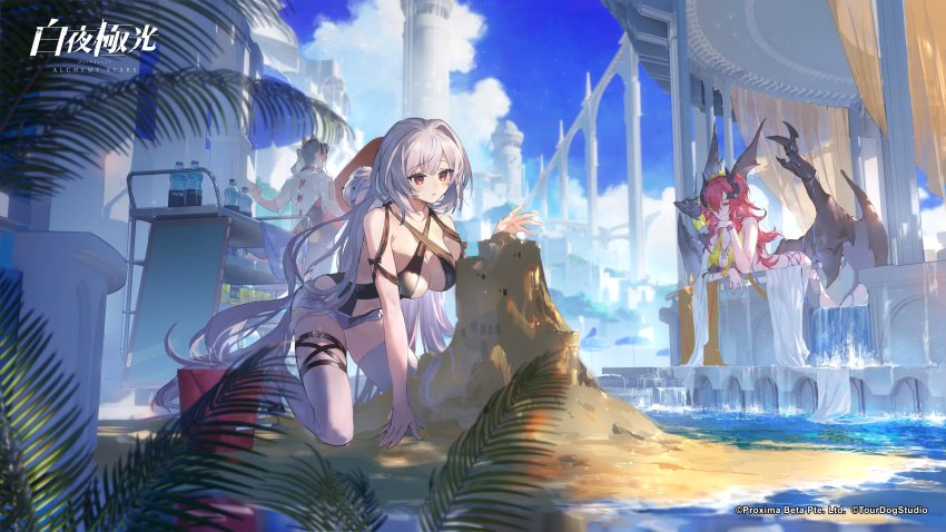 1boy, 2girls, absurdres, alchemy_stars, aqueduct, beryl_(alchemy_stars), beryl_(day_in_the_sand)_(alchemy_stars), black_one-piece_swimsuit