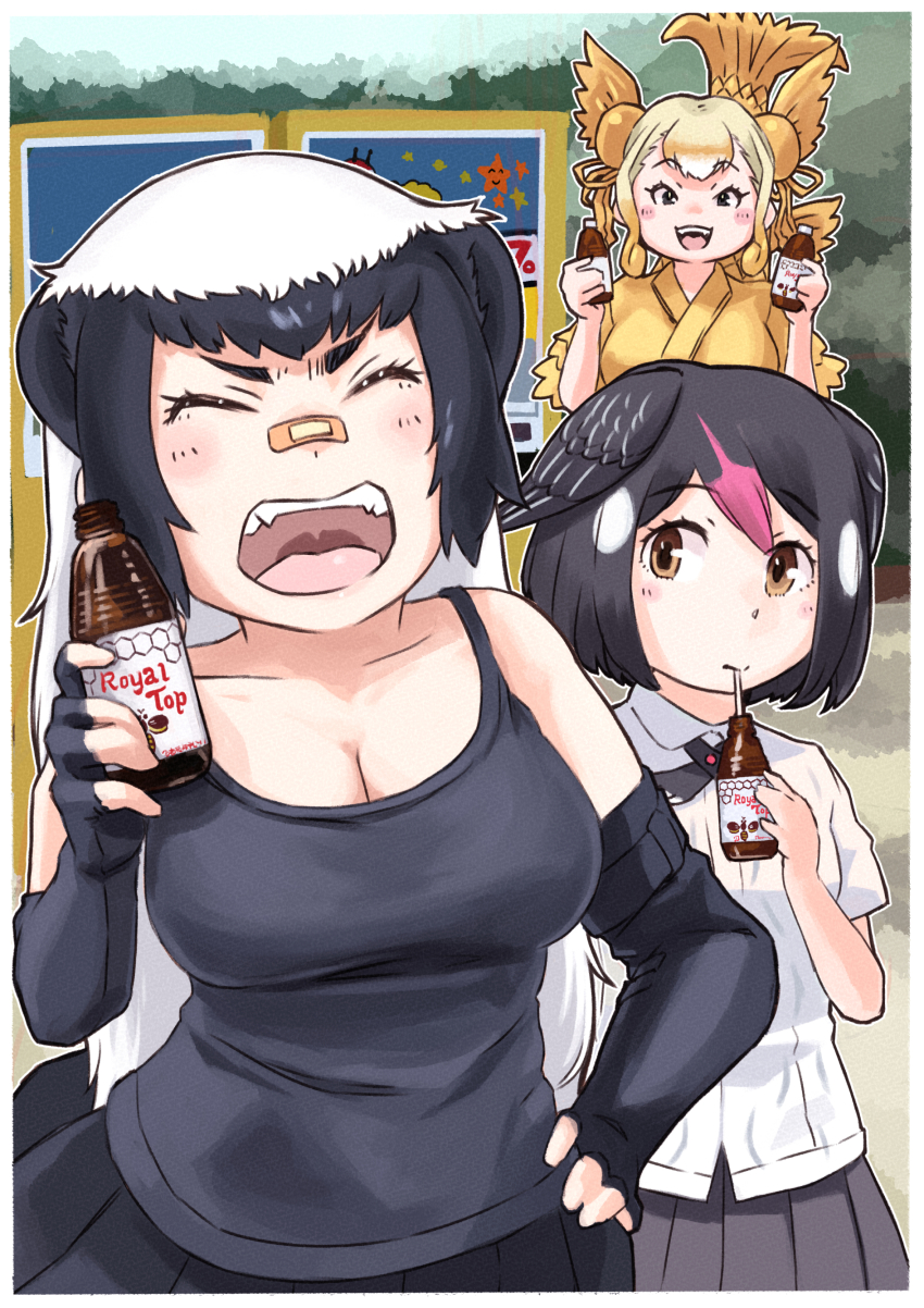 3girls, ^_^, absurdres, animal_ears, badger_ears, bandaid, bandaid_on_face, bandaid_on_nose