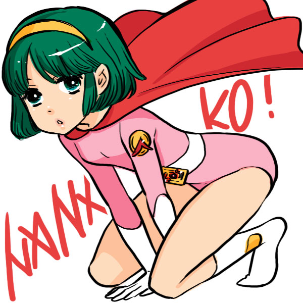 1girl, boots, cape, female_focus, full_body, green_eyes, green_hair, hairband