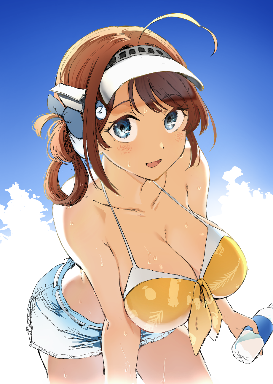 1girl, ahoge, bare_arms, bare_shoulders, bikini, blue_eyes, blush, bottle