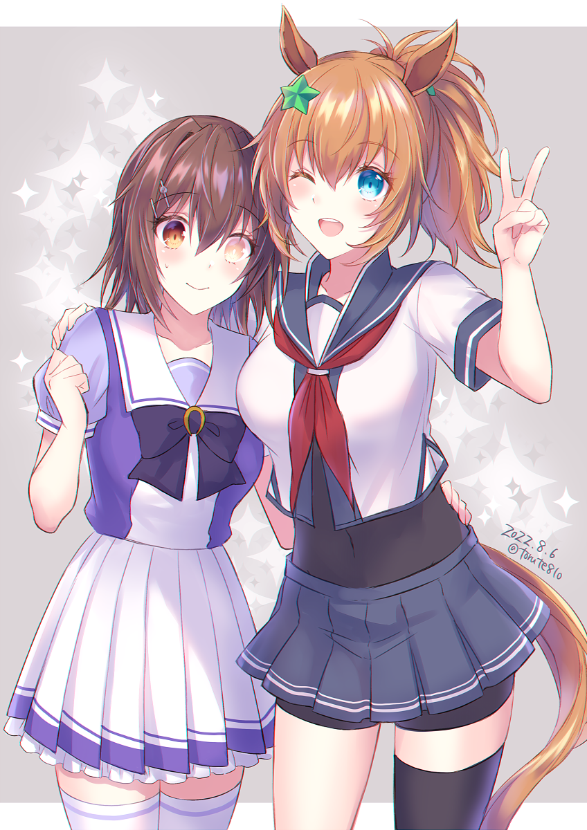 2girls, animal_ears, black_thighhighs, blue_eyes, blue_sailor_collar, blue_skirt, blush, brown_eyes