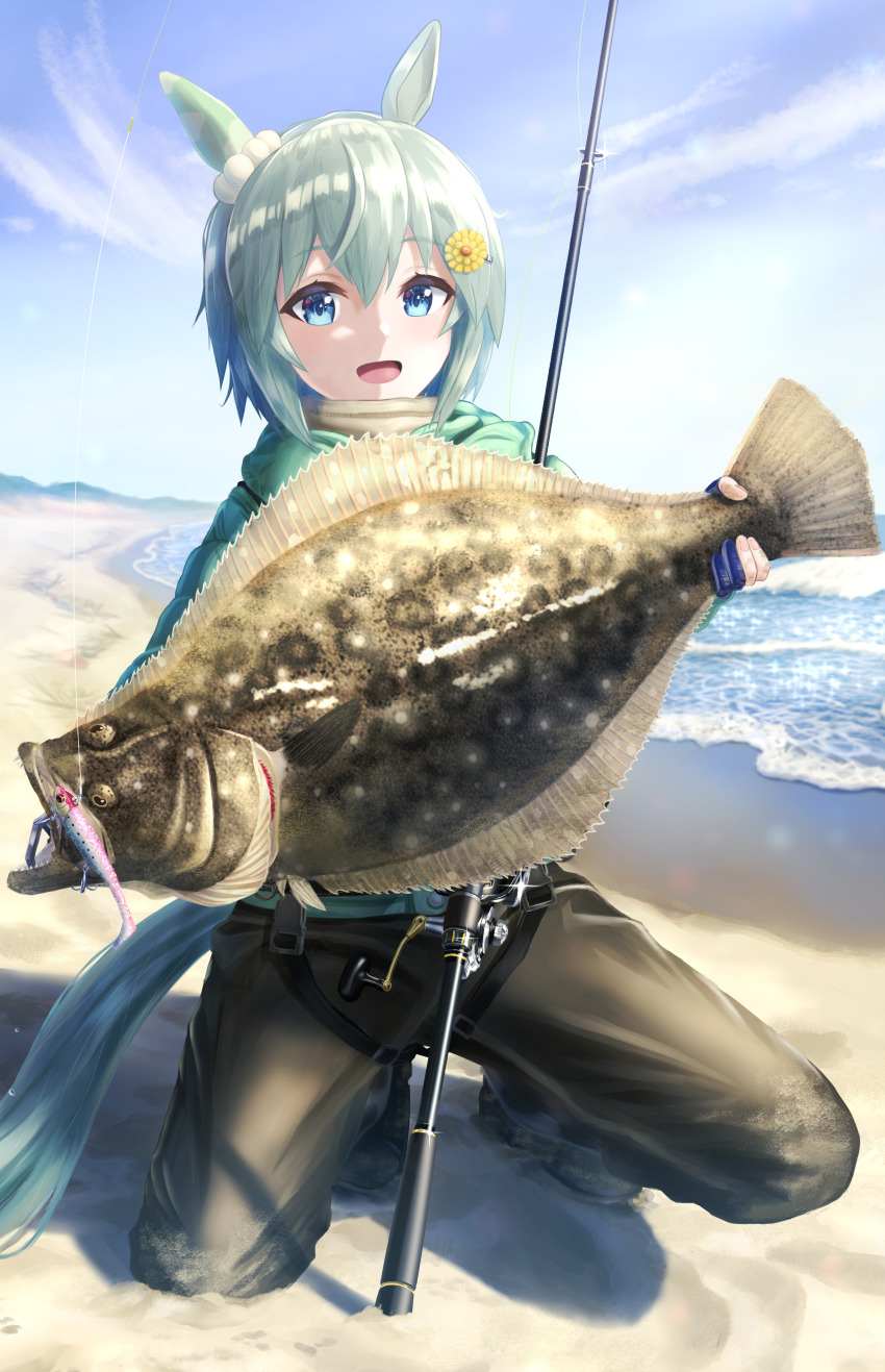 1girl, absurdres, animal_ears, aqua_hair, beach, blue_eyes, ear_covers, fish