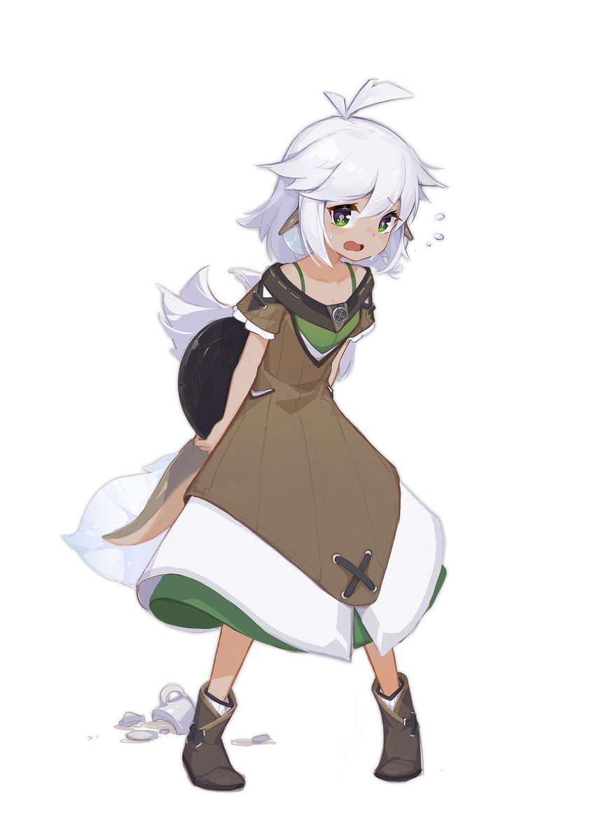 1girl, boots, broken_cup, brown_dress, dress, female_focus, fins, flying_sweatdrops