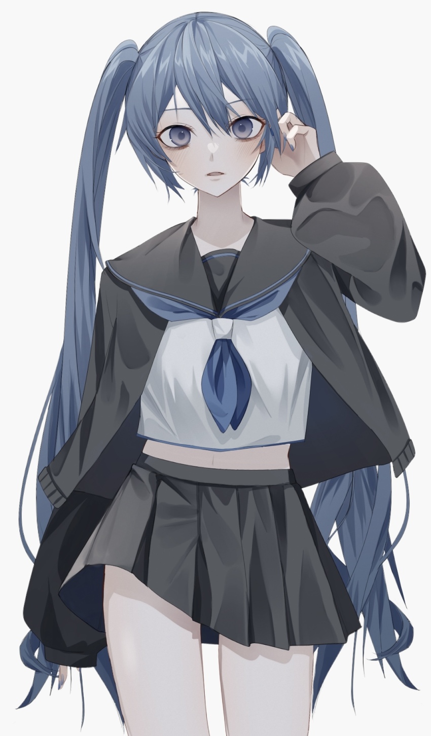 bad_id, bad_pixiv_id, blue_eyes, blue_hair, blush, hand_up, hatsune_miku, hatsune_miku_(rolling_girl)