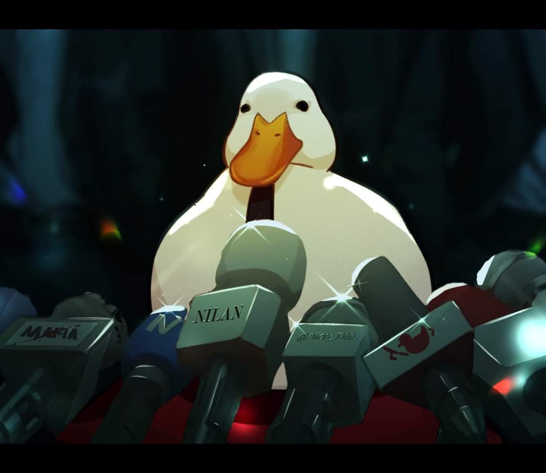 2others, animal, artist_name, bird, black_eyes, black_necktie, blurry, blurry_background, duck, letterboxed, looking_at_viewer, mafiaduck_(nilan), microphone, multiple_others, necktie, nilan_1999, original, solo_focus